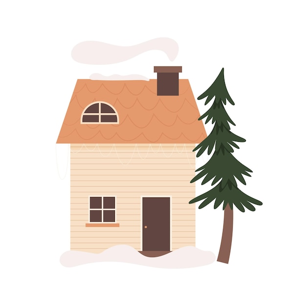 Cabaña de invierno de madera de bosque escandinavo ilustración vectorial
