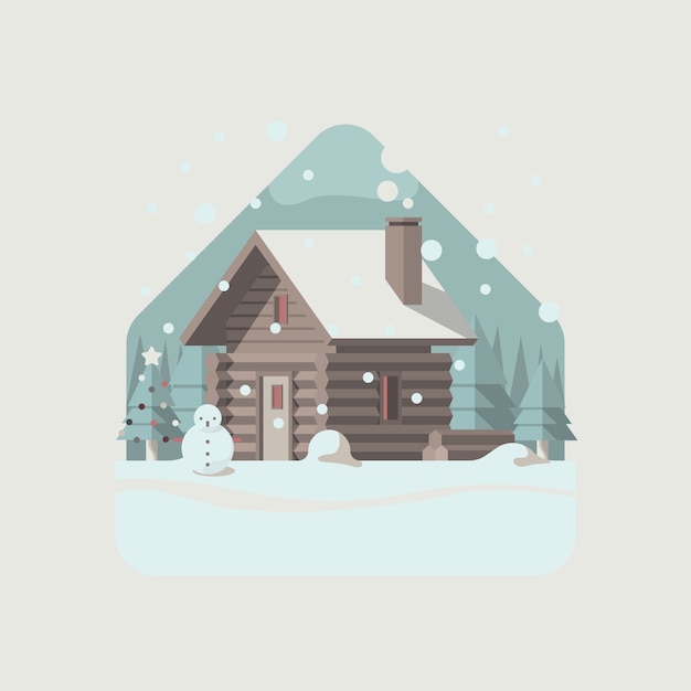 Cabaña de invierno de Navidad en la nieve del invierno con montañas y pinos como fondo