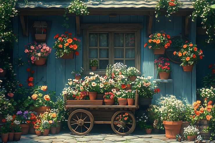 Vector cabaña llena de flores