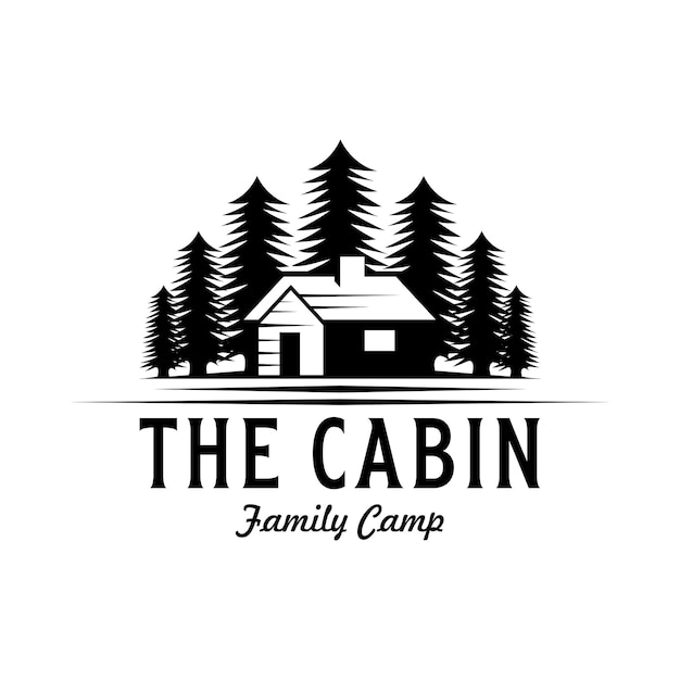 cabaña de madera y bosque de pinos en el diseño del logotipo retro vector negro