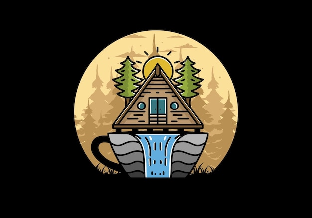 Cabaña de madera y pinos en forma de taza de café con ilustración de cascada