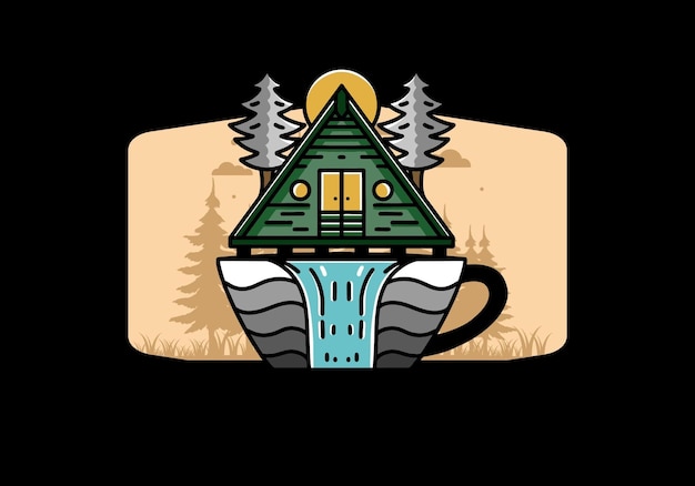 Cabaña de madera y pinos en forma de taza de café con ilustración de cascada