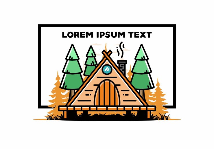 Vector cabaña de madera triangular entre diseño de ilustración de árboles de pino