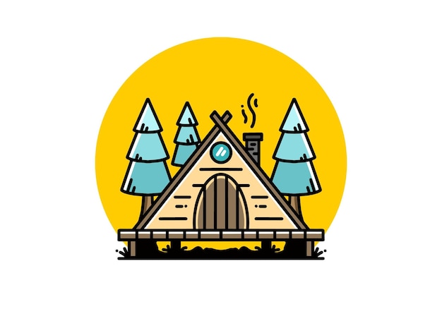 Cabaña de madera triangular entre diseño de ilustración de árboles de pino