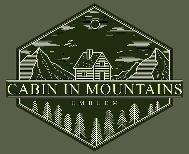 Cabaña en montañas vector lineal emblema de la naturaleza en la cabaña oscura, cabaña de troncos para descansar en el bosque de pinos, días festivos y vacaciones logo de dibujo de arte de línea temática.