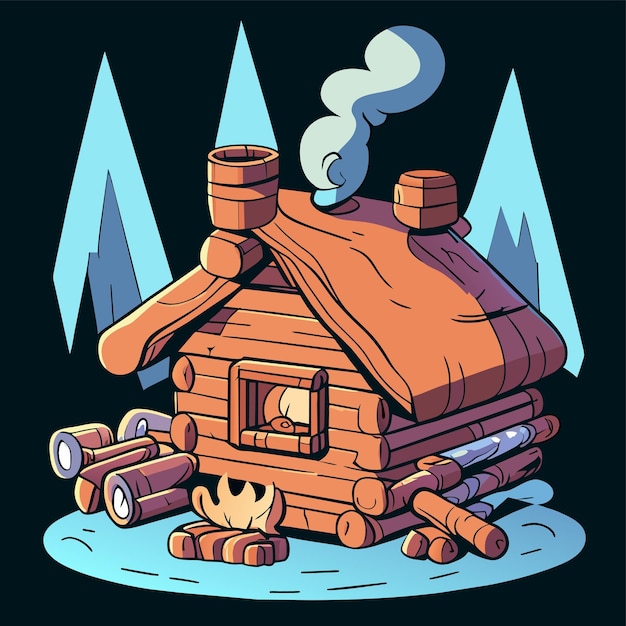 Cabaña de nieve de casa de madera en invierno concepto de icono de pegatina de dibujos animados dibujados a mano ilustración aislada