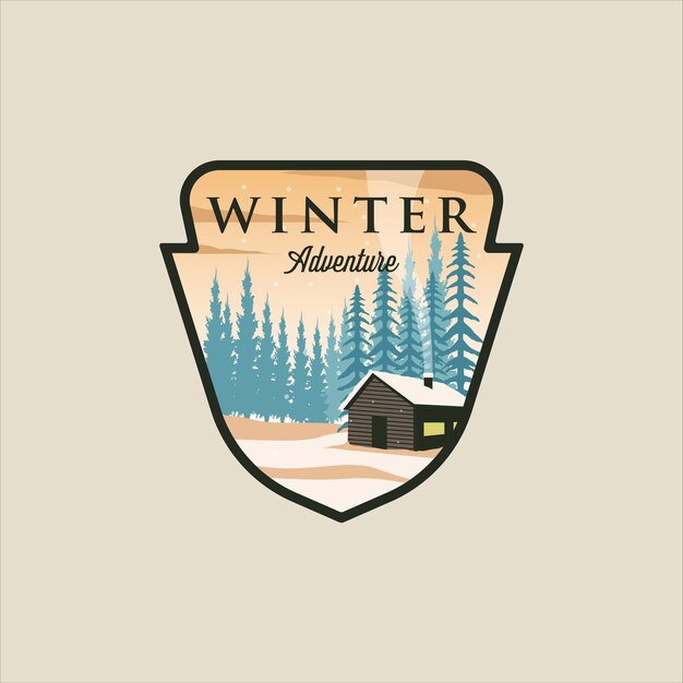 Cabaña o cabaña en el paisaje invernal emblema logo vector ilustración plantilla diseño nieve en la naturaleza bosque banner para viajes o turismo de negocios