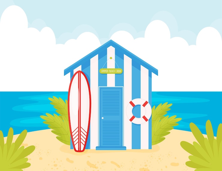 Vector cabaña de playa de madera azul de dibujos animados con aro salvavidas y surf paisaje de playa