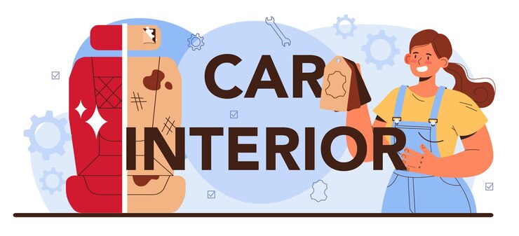Vector cabecera tipográfica interior del coche. el interior del automóvil se reemplazó en el taller de automóviles. mecánico en uniforme actualiza un revestimiento interior del vehículo. diagnóstico completo del coche. ilustración de vector plano.