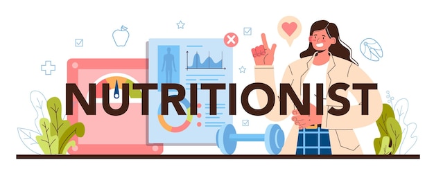 Cabecera tipográfica nutricionista. Dietoterapia con alimentación sana y actividad física. Programa de control de peso y plan de dieta. Ilustración vectorial en estilo de dibujos animados