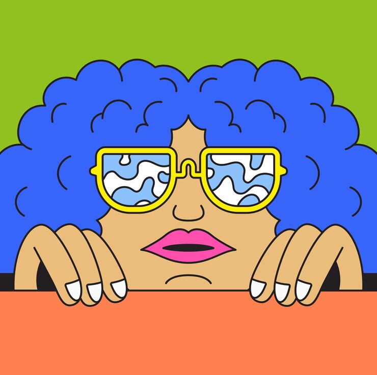Vector el cabello rizado azul y las gafas de sol funky persona retro ilustración vintage