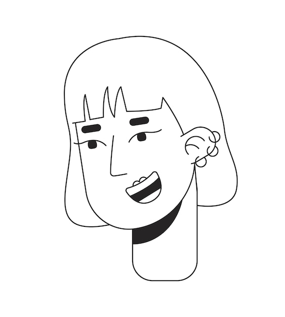 Cabello teñido chica kpop coreana en blanco y negro línea 2D cabeza de personaje de dibujos animados perforaciones de orejas mujer asiática contorno vectorial aislado cara de persona corte de pelo Bob con flequillo ilustración de punto plano monocromático