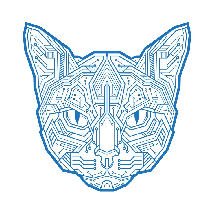 Vector cabeza abstracta del gato que consta de puntos y circuitos microelectrónicos. ilustración de vector aislado sobre fondo blanco. perfecto para usar en publicidad, diseño gráfico o web y proyectos creativos.