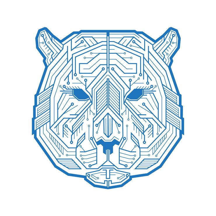 Cabeza abstracta del tigre u oso que consta de puntos y circuitos microelectrónicos. Ilustración de vector aislado sobre fondo blanco. Perfecto para usar en publicidad o diseño web y proyectos creativos.