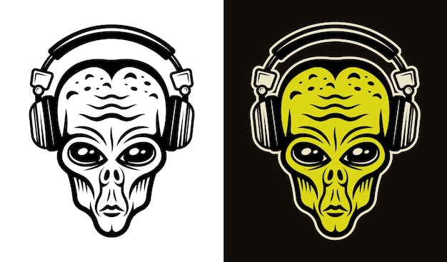 Cabeza alienígena en auriculares dos estilos negro sobre blanco y colorido sobre fondo oscuro ilustración vectorial