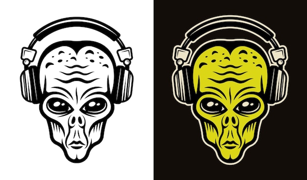 Cabeza alienígena en auriculares dos estilos negro sobre blanco y colorido sobre fondo oscuro ilustración vectorial