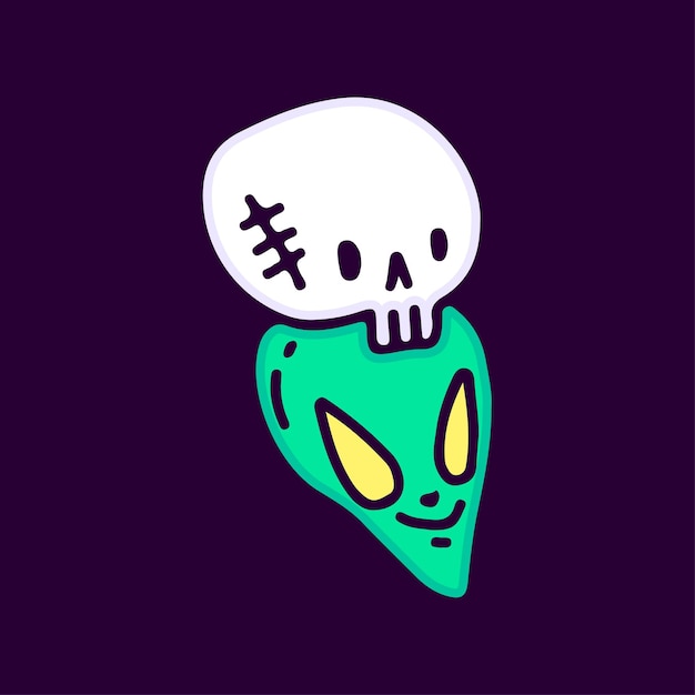 Cabeza alienígena con dibujos animados de sombrero de calavera, ilustración para camiseta, pegatina.