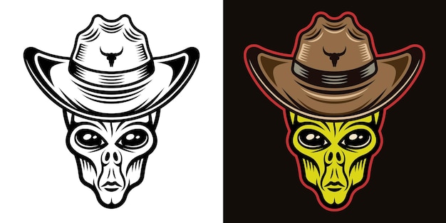 Cabeza alienígena en ilustración de vector de sombrero de vaquero en dos estilos negro sobre blanco y colorido sobre fondo oscuro