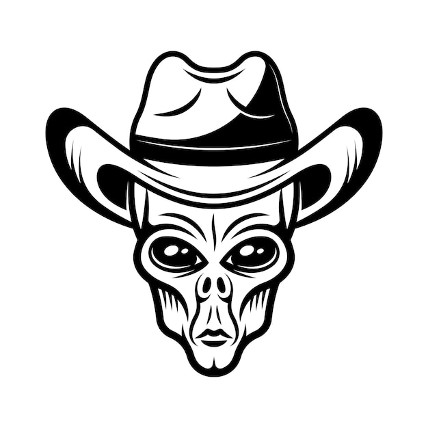 Cabeza alienígena en la ilustración de vector de sombrero de vaquero en estilo vintage monocromo aislado sobre fondo blanco