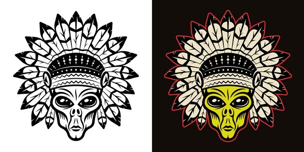 Cabeza alienígena en ilustración de vector de tocado indio en dos estilos negro sobre blanco y colorido sobre fondo oscuro