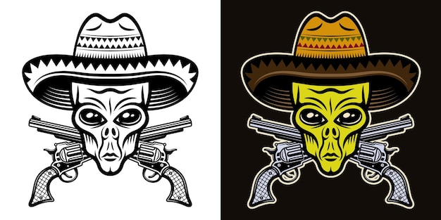 Cabeza alienígena en sombrero y pistolas cruzadas ilustración vectorial en dos estilos negro sobre blanco y colorido sobre fondo oscuro