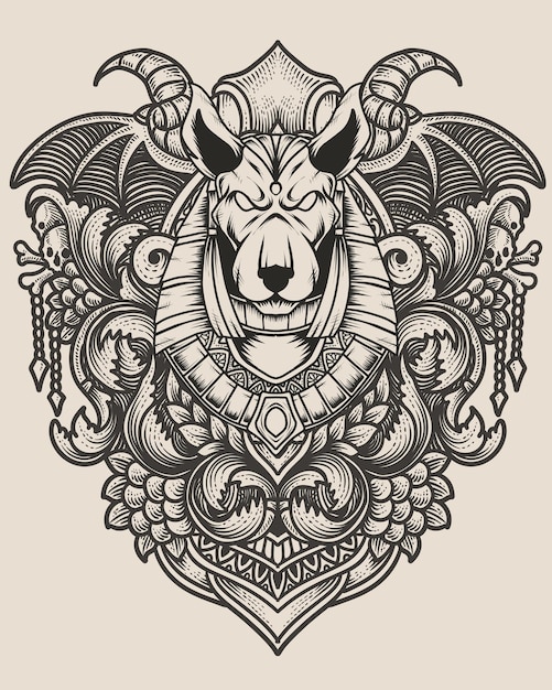 Cabeza de Anubis con dos cráneos de ángel ornamento de grabado antiguo