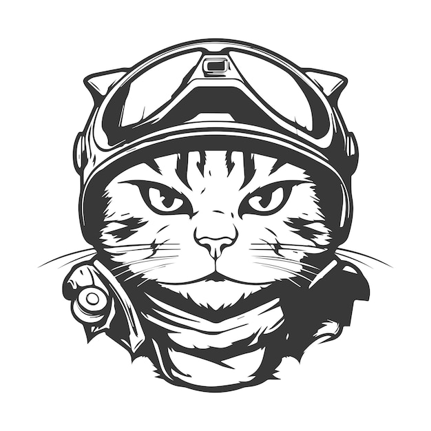 Vector cabeza de arte de línea negra de un gato que lleva un casco