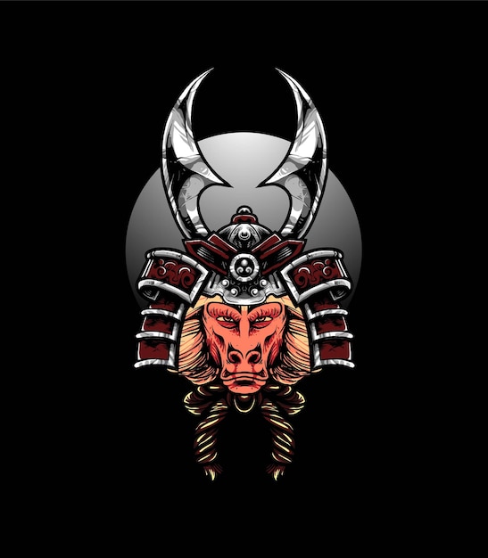 Cabeza de babuino con casco de samurai ilustración vectorial, estilo de dibujos animados moderno adecuado para camisetas o productos impresos