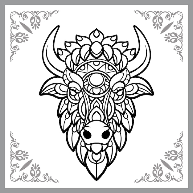 Cabeza de bisonte artes zentangle aislado sobre fondo blanco.