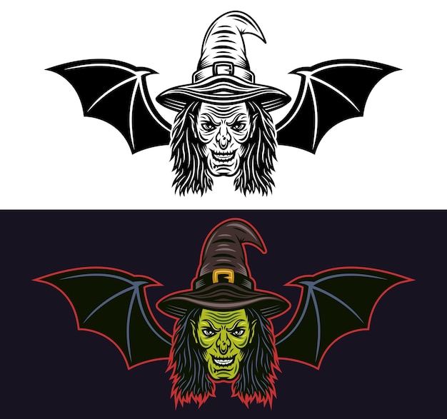 Cabeza de bruja con alas de murciélago dos estilos negro sobre blanco y de color sobre fondo oscuro ilustración vectorial