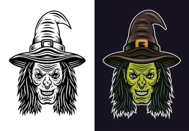 Cabeza de bruja en dos estilos, negro sobre blanco y coloreado en la ilustración de vector de fondo oscuro