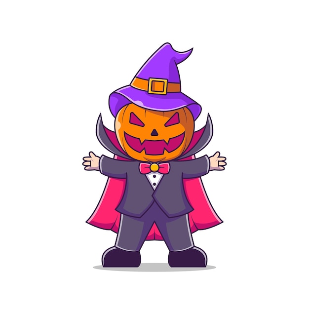 Cabeza de calabaza de dibujos animados de personaje de halloween con un sombrero de bruja y traje de vampiro ilustración vectorial