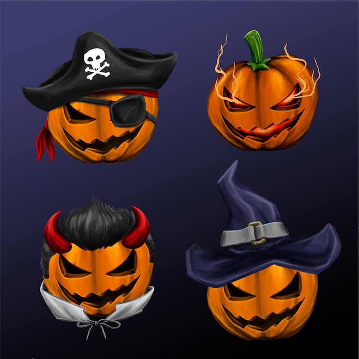 Cabeza de calabaza de Halloween con diferentes personajes geniales