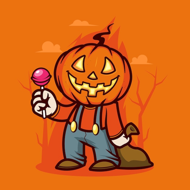 Cabeza de calabaza infantil de carácter vectorial de Halloween sosteniendo truco o trato con dulces