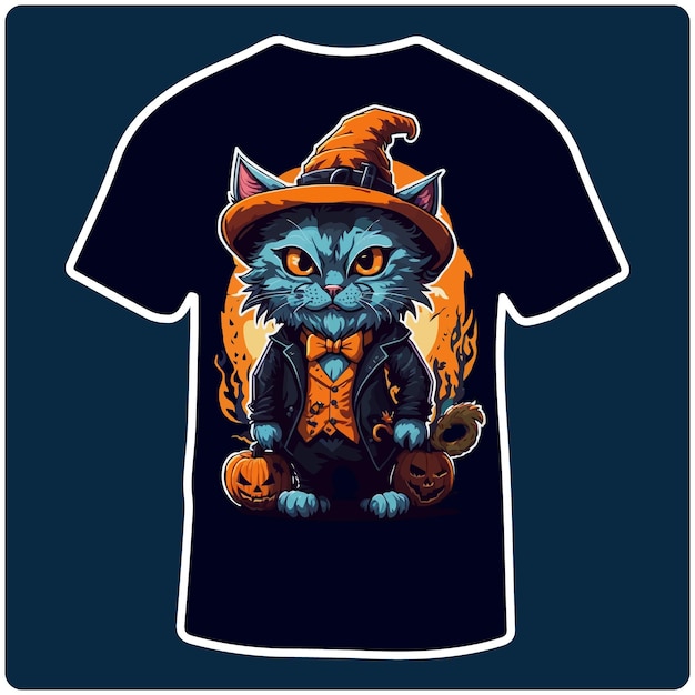Cabeza de calabaza con lindo gato bruja Ilustración de Halloween Diseño de camiseta