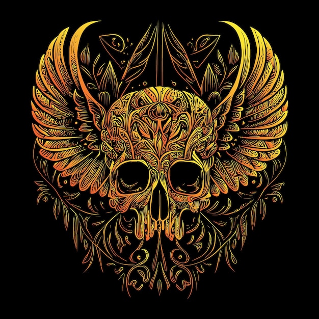 Cabeza de calavera y alas de plumas ilustración inquietantemente hermosa imagen que yuxtapone la muerte y la vida