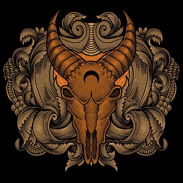 Cabeza de calavera de cabra con estilo de adorno de grabado antiguo bueno para su mercancía dan camiseta