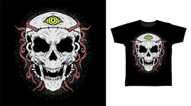 Cabeza de calavera con conceptos de diseño de camisetas de ojos verdes