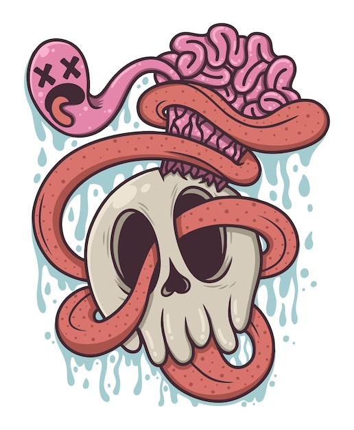 Cabeza de calavera con diseño de vector de ilustración dibujada a mano de doodle de cerebro