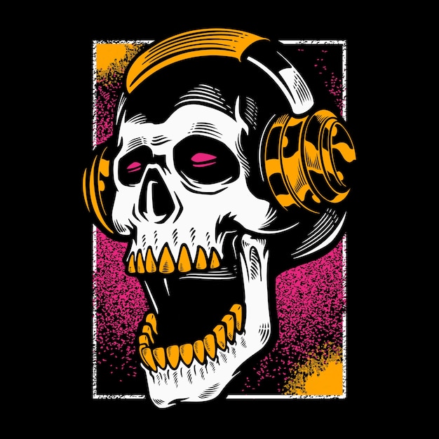 Cabeza de calavera escuchando música en auriculares