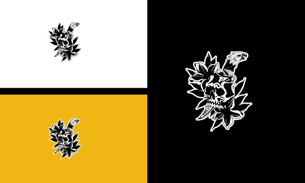 Cabeza calavera y flores diseño de contorno vectorial