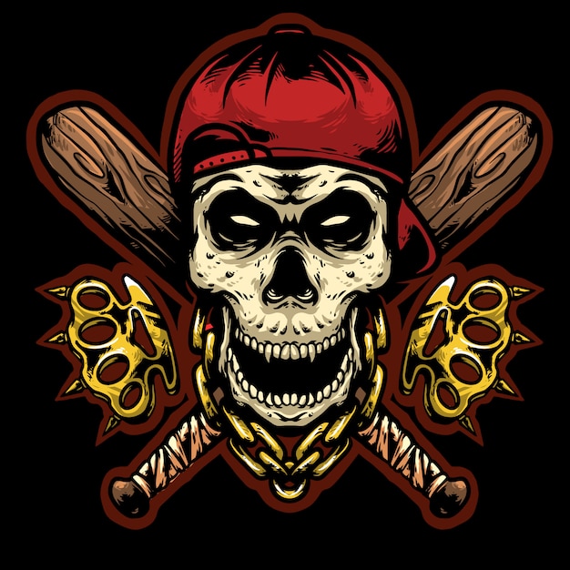 cabeza de calavera gangsta con nudillos y palos de béisbol mascota del diseño del logotipo