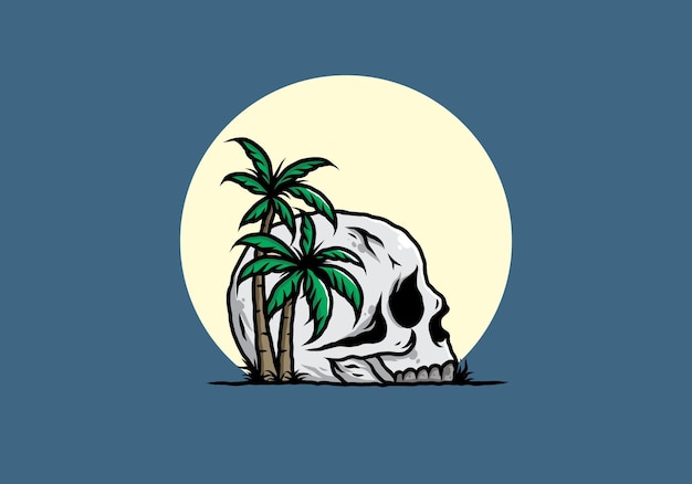 Cabeza de calavera bajo la ilustración de árboles de coco