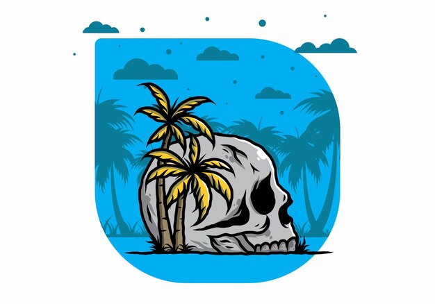 Vector cabeza de calavera bajo la ilustración de árboles de coco