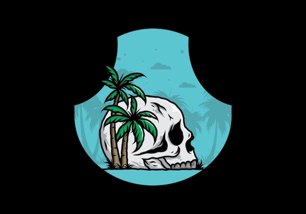 Vector cabeza de calavera bajo la ilustración de árboles de coco