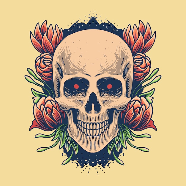 Cabeza de calavera con ilustración de rosa