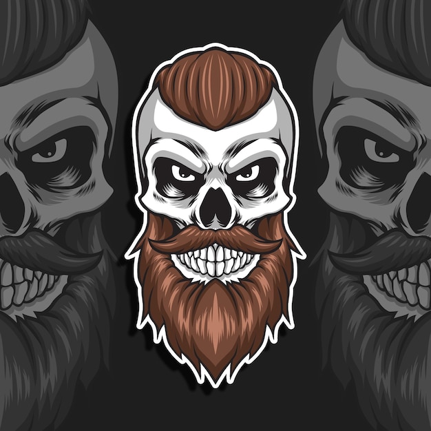 Cabeza de calavera con ilustración de vector de barba marrón