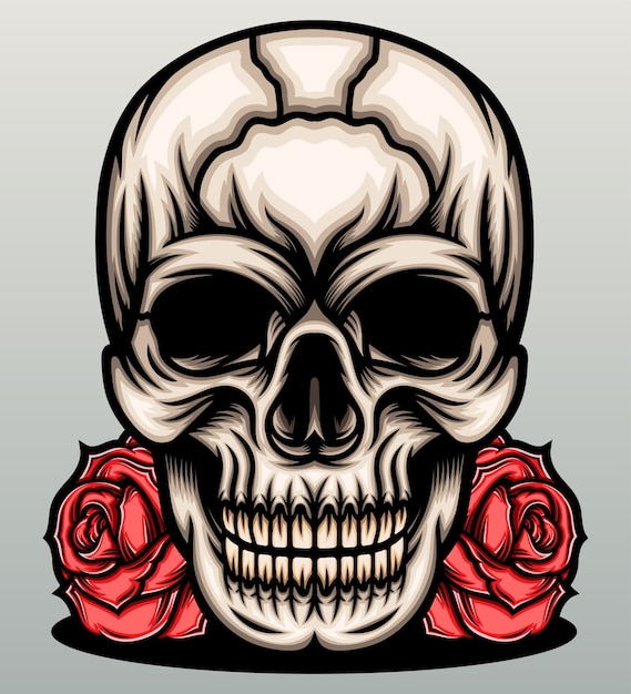 Cabeza de calavera con rosas rojas.