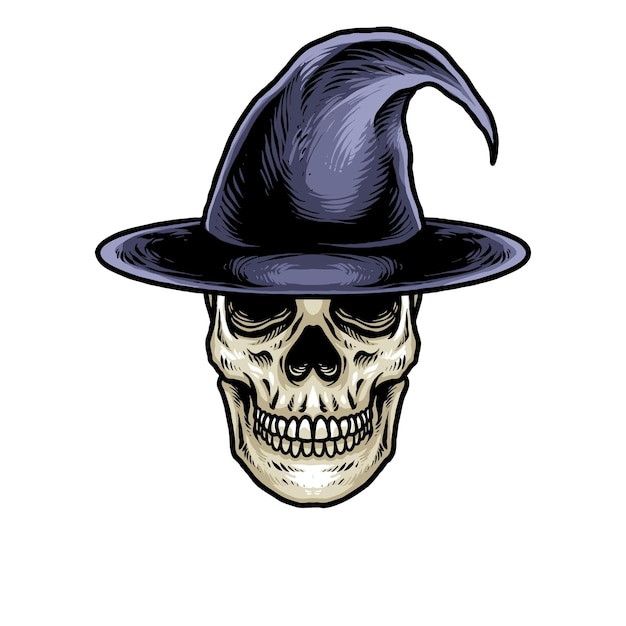 Cabeza de calavera con vector de diseño de logotipo de sombrero de mago