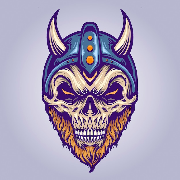 Cabeza de calavera vikinga con casco de cuerno Ilustraciones vectoriales para su trabajo Logotipo, camiseta de mercancía de mascota, pegatinas y diseños de etiquetas, carteles, tarjetas de felicitación, publicidad de empresas comerciales o marcas.